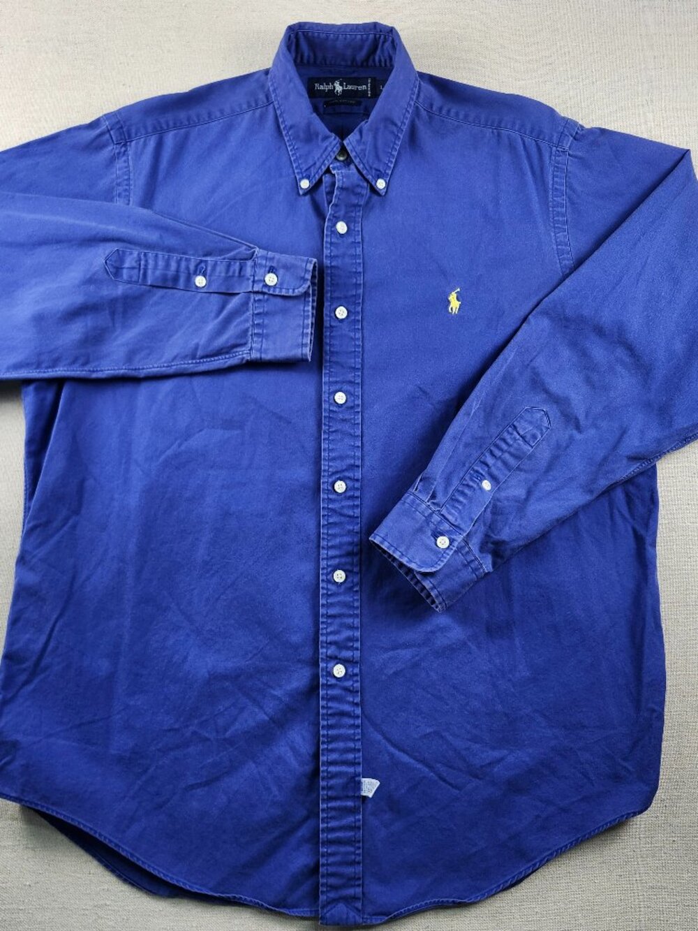 Y2K Polo Ralph Lauren Men’s L Blue 100% Cotton Button Down Shirt Yellow Pony